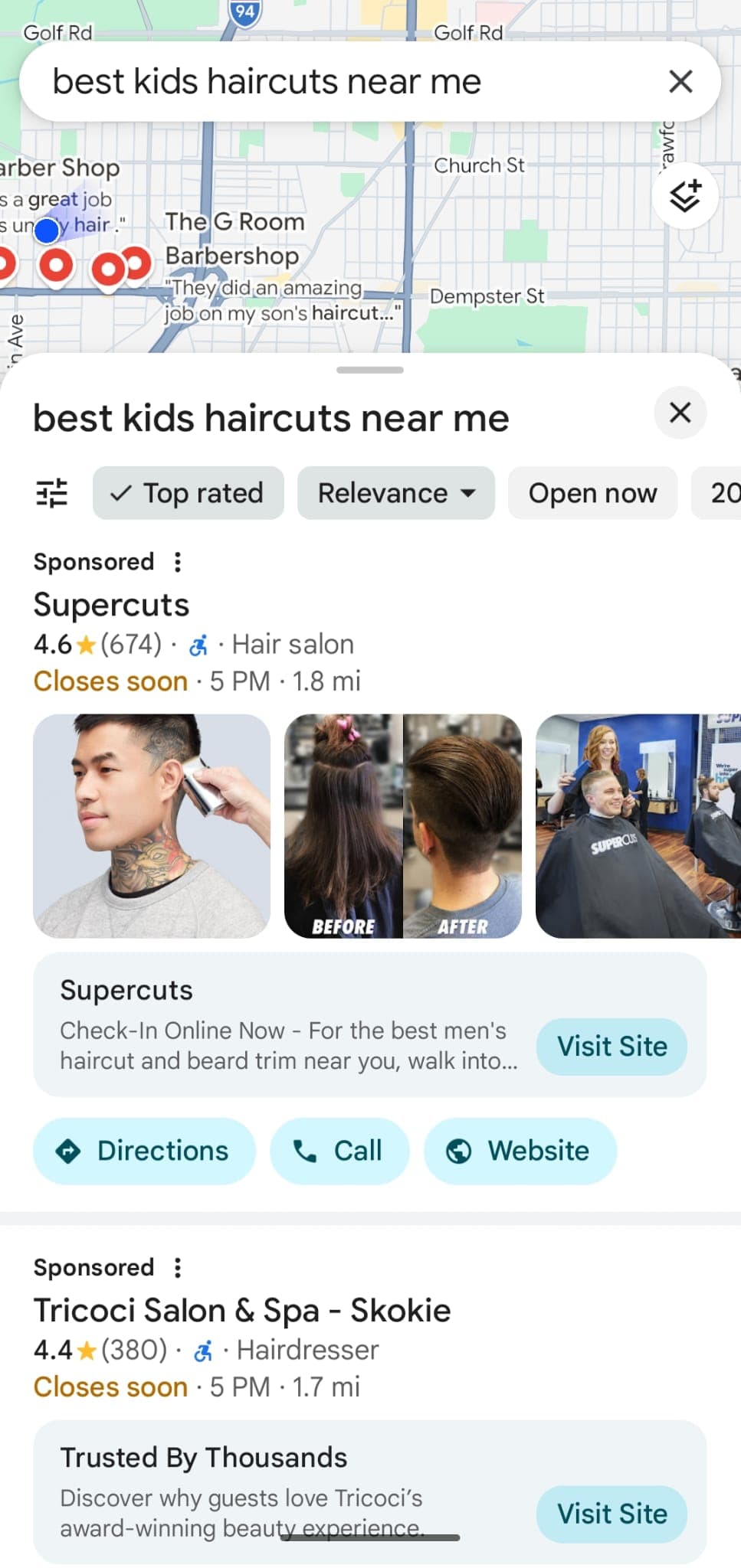 A Google mobile search for 'best kids haircuts near me' showing the local map pack with salons ranked by star rating and review count — demonstrating that more 5-star reviews lift a business higher in local search results.